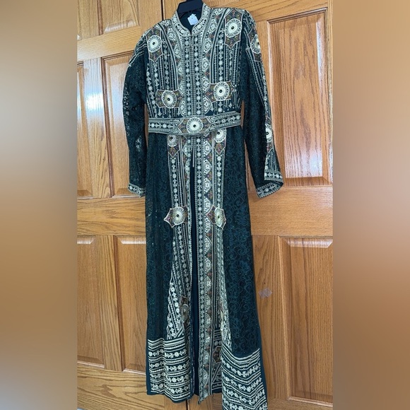 Women’s 2pc Abaya Dress Thobe Kaftan Green Gold Embroidery Dress Sz 6 US 22W 3X - Picture 5 of 10